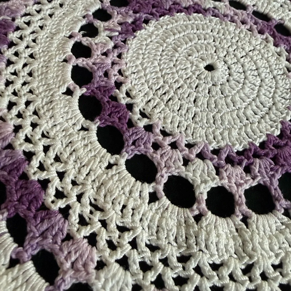 Vintage Crochet Doily Set 4pc Round Lace Variegated Purple Orange Blue Pastel